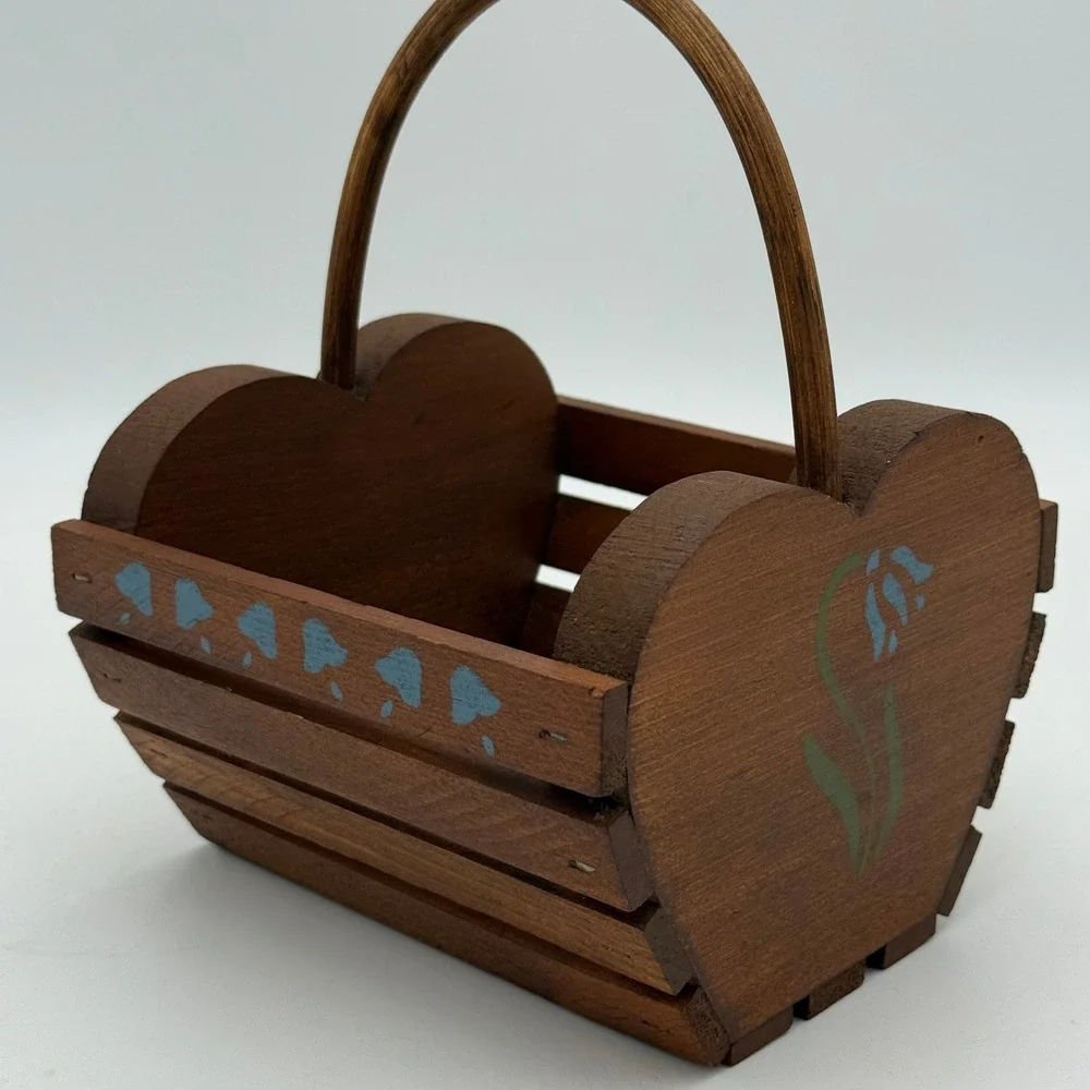 Vintage Wooden Heart Basket Small Rustic Slatted Crate Blue Floral Hand Painted